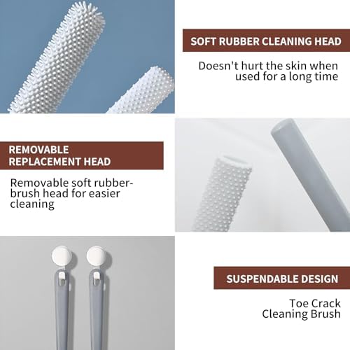 Long Handled Silicone Toe Cleaner, Soft Rubber Brush, Exfoliating Foot Scrubber for Shower - Seniors, Men and Women (Gray)