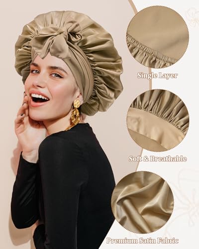 Satin Bonnet for Sleeping Women Silk Sleep Bonnet for Curly Hair Wrap with Elastic Tie Band Night Cap Coffee