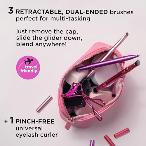Real Techniques Double Time Brush + Lash 4 Piece Set, Dual-Ended Eye Makeup Brushes For Eyeshadow & Brows, Travel-Friendly Brush Caps For Storage, Eyelash Curler Included, Cruelty-Free