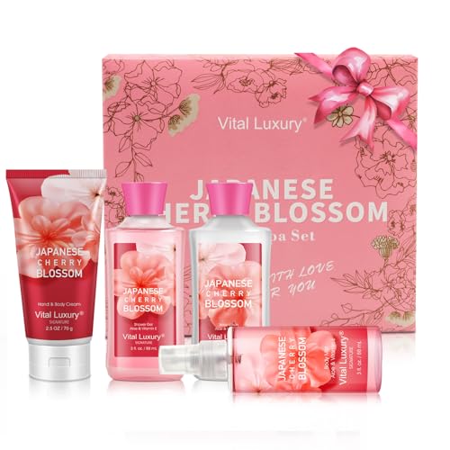 Bath and Body Care Gift Set for Women and Girls, Personal Self-Body Care Travel Set, Japanese Cherry Blossom Spa Home Set with Natural Extracts, 4 Pack - Shower Gel, Body Lotion, Body Mist, Hand Cream