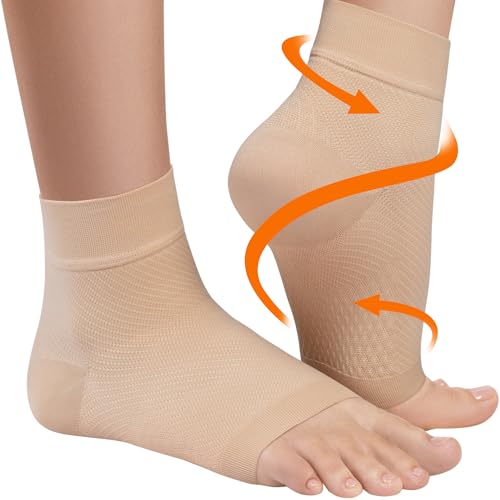 KEMFORD Ankle Compression Sleeve - Plantar Fasciitis Braces - Open Toe Compression Socks for Swelling, Sprain, Neuropathy, Arch Support for Men and Women - 15-20mmhg, S, Beige