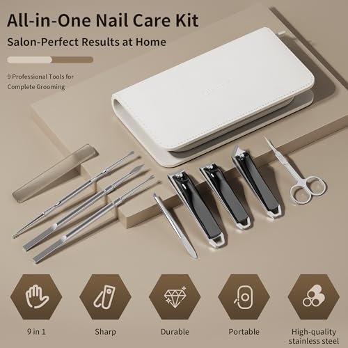 Nail Clippers Set Tweezers Scissors Manicure Grooming kit 9 in 1 with Zip Leather Case