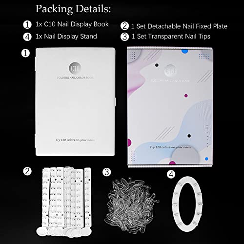 Nail Color Display Book Nail Swatch, C10 Plastic Nail Sample Display Book Nail Gel Color Card Book with Transparent Replacement Nails, No Need Pasting, No Need Glue (C10)