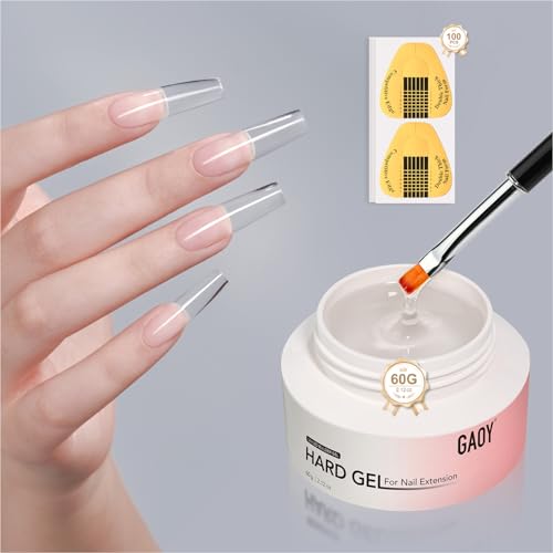 GAOY 60g Nail Extension Hard Gel, Clear Builder Gel, Long Lasting UV Nail Strengthener with Forms, Base Coat Top Coat Needed