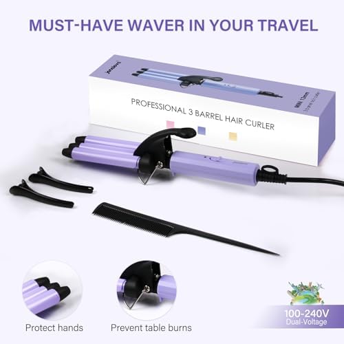 Mini Hair Crimper, janelove 1/2 Inch Beach Waves Curling Iron, Hair Waver for Short & Medium with 3 Ceramic Barrels, Home and Travel Friendly Crimper Hair Tool, Dual Voltage, 392℉ Fast Heating