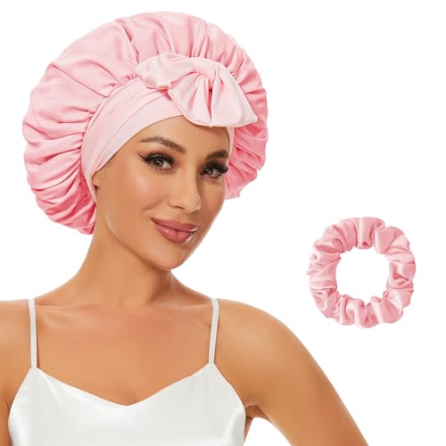 Silk Bonnet for Sleeping, Satin Hair Bonnets Large Sleep Cap for Women, Hair Wrap for Curly Hair Afros with Tie Band (Pink)*