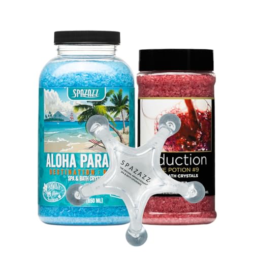Spazazz Spa and Bath Salt Aromatherapy Crystals for Hot Tub - Gift Bundle Set The Mood Love Potion #9 Seduction 17oz - Destinations Hawaii Aloha Paradise 22oz with 5 Point Full Body Massage Tool