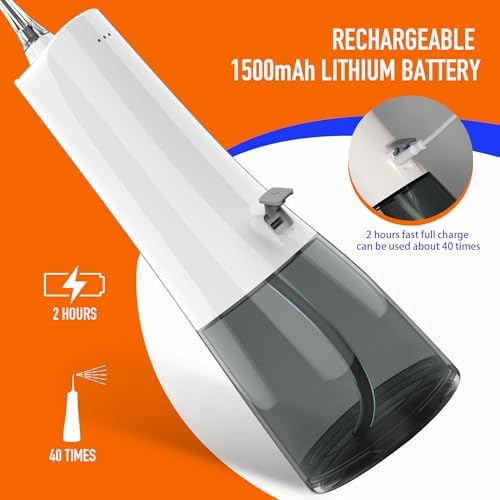Portable Cordless Water Flosser, Rechargeable Water Dental Flosser with 1500 mAh Battery, IPX7 Waterproof, 4 Modes 4 Jet Tips, Type-C Charging for Travel & Home (White)