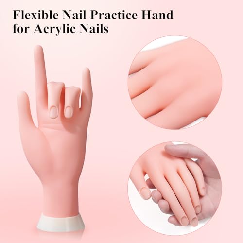 Practice Hand for Acrylic Nails,Nail Mannequin Hands for Nails Practice,Fake Nail Training Hand Manicure, Flexible Bendable Nail Hand with 100PCS Nail Tips,Painting Pen,Nail Clay and Nail Rhinestones