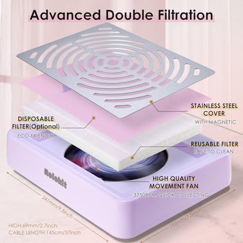 Nail Dust Collector with Lamp & 50pcs Disposable Filter & Dusting Brush, Electric Nail Vacuum Cleaner Dust Fan Suction Machine for Manicure Acrylic Gel Nails Polishing, Low Noise, Salon Home