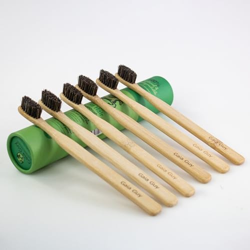 Gaia Guy Soft Natural Bristle Bamboo Toothbrush (NO Nylon - Horsehair ONLY) - Totally Compostable & Biodegradable Soft Horse Hair Bristle and Bamboo Toothbrushes - Zero Waste - 6-Pack