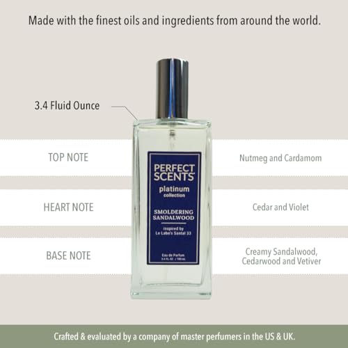 Perfect Scents Fragrances | Inspired by Le Labo’s Santal 33 | Platinum Collection | Smoldering Sandalwood | Unisex Eau de Parfum | Vegan, Paraben & Phthalate Free | Never Tested on Animals | 3.4 Fl Oz
