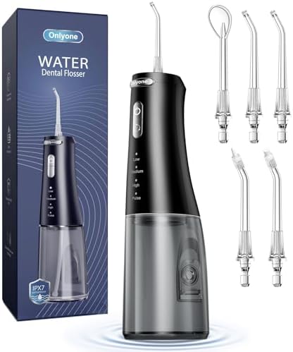 Onlyone Water Dental Flosser, 300ML Portable Oral Irrigator for Teeth, 4 Modes and 5 Jet Tips,Rechargeable Irrigation Cleaner,Electric Flossing Machine Power Flossers & Irrigator Accessories Black