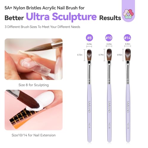 SAVILAND SSPro X Pure EMA Monomer Acrylic Nail Liquid: 240 ml Large Capacity Nail Monomer Liquid wtih 3Pcs Acrylic Nail Brushes for Nail Carving Extension Non Yellowing Home