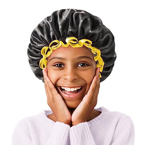 mikimini Small Black Shower Caps for Child 2 Packs, Double Layers Waterproof Bathing Hair Cap with Reusable Soft Comfortable PEVA Lining, Cute, Non-fading & Stretchy Shower Hat