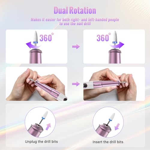 Nail Drill Cordless, Electric Nail File 12 in 1 with LED Display, Nail Drill Machine Professional Portable Rechargeable E File for Gel Acrylic Manicure Pedicure Set with 5 Speeds Purple