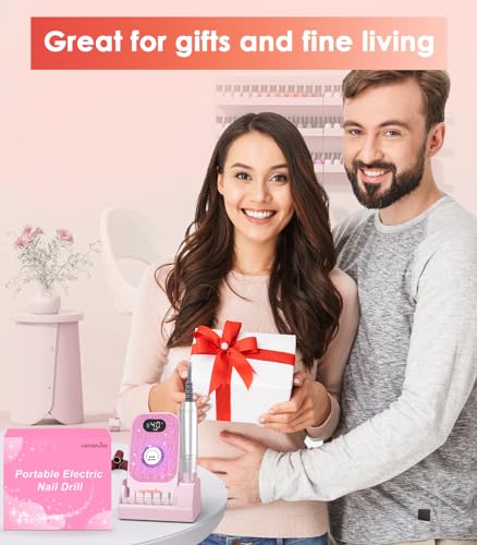 Portable Electric Nail Drill File: 40000RPM Professional Nail Drill with Bits & Base, Pink Diamond Rechargeable Nail E File Machine for Remover Gel Nail Polish Acrylic Nails Manicure for Salon Home