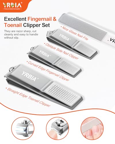 Nail Clippers with Glass Nail File, YRBIA 4 Piece Ultra Sharp Nail Clipper Set, Professional Fingernail & Toenail Clippers Nail Cutter for Men and Women (Silver)