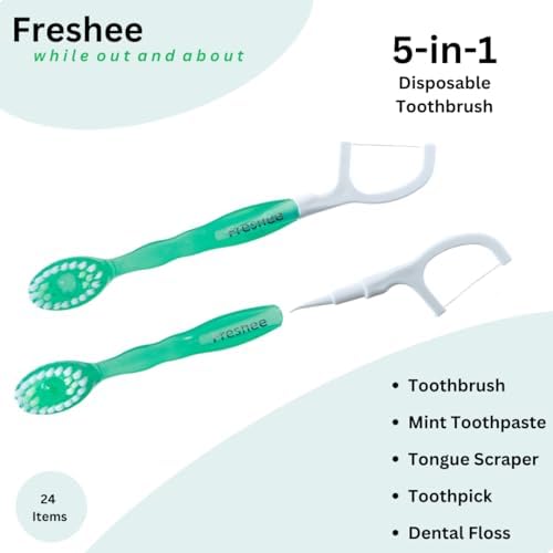 Freshee® 5 in 1 Disposable Mini Toothbrush with Toothpaste + Floss + Pick + Tongue Scraper | Travel Size | Individually Wrapped | Soft | Mint | Travel Set | Oral Care