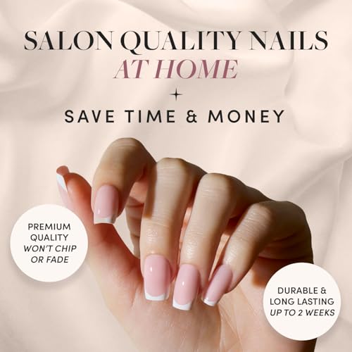 Glamnetic Press On Nails - Classy French | Medium Square Fake Nails, Trendy Micro French Tip, Reusable | 15 Sizes - 30 Nail Kit