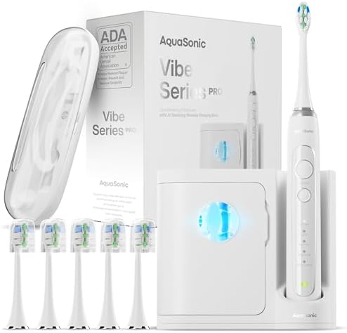 Aquasonic Vibe Series PRO – Ultra-Whitening Electric Toothbrush – 5 Modes & Smart Timers – UV Sanitizing Base – ADA Accepted (Optic White)