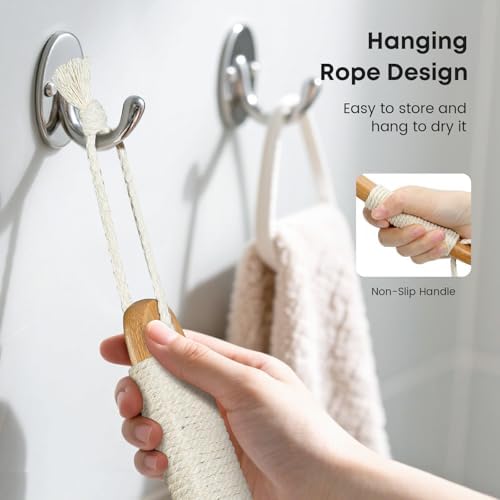 Bamboo Back Scrubber with Curved Long Handle, 17.3 Inches Exfoliating Shower Brush with Stiff Bristles for Men and Women, Back Washer Body Exfoliator for Bath or Dry Brushing