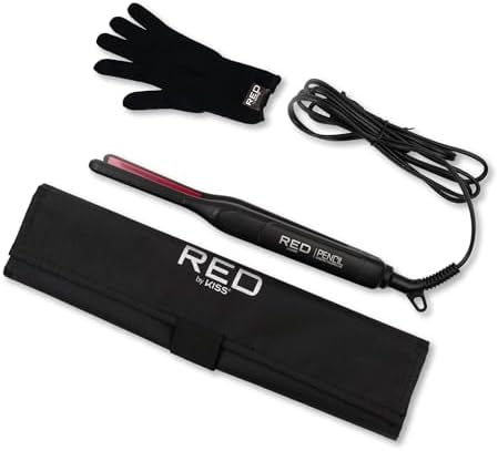 Red by Kiss Pencil Flat Iron up to 450°F Thin Small Tourmaline Ceramic Plate 0.3 inch (3/10") for Women and Men, Short to Medium Hair, Pixie Cut, Bangs, Edges.. A Travel Pouch and a Glove Included