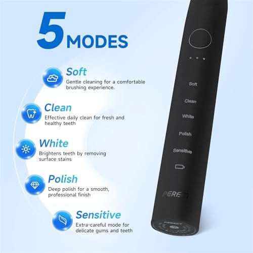 PERECT Sonic Electric Toothbrush for Adults, 6 Brush Heads, 5 Modes Electric Toothbrush, Travel Rechargeable Power Toothbrush with Smart Timer & Soft Picks, IPX7 Waterproof, Black