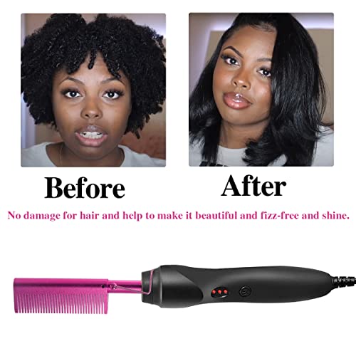 Goiple Electric Hot Comb Pink Hair Straightener Electrical Straightening Comb Curling Iron for Natural Black Hair Wigs with Wide Tooth/Rat Tail Comb, Wax Stick, Wig Cap, Edge Band, Hair Clips