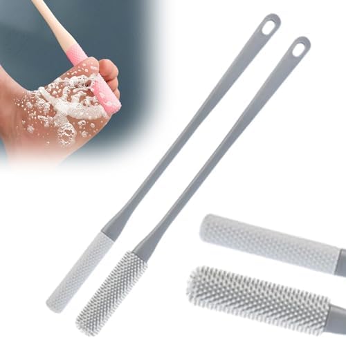 Long Handled Silicone Toe Cleaner, Soft Rubber Brush, Exfoliating Foot Scrubber for Shower - Seniors, Men and Women (Gray)