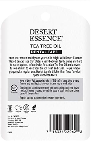Desert Essence Tea Tree Oil Dental Tape – Pack of 6, 30 Yards Each – Naturally Waxed with Beeswax, Thick No-Shred Flossing Tape – Removes Food Debris, Antiseptic, Gluten-Free, Cruelty-Free