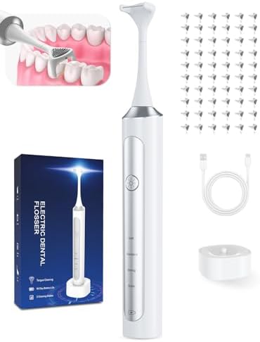 Rechargeable Electric Flosser 4-Speed with 60 Heads & Tongue Cleaner - Wireless Charging Dental Flosser for Adults, Kids, Gum Care - Water Flosser Alternative, Dentist-Approved Flossing Tool