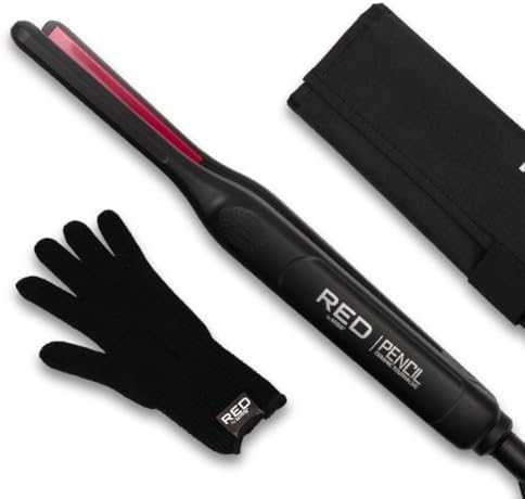 Red by Kiss Pencil Flat Iron up to 450°F Thin Small Tourmaline Ceramic Plate 0.3 inch (3/10") for Women and Men, Short to Medium Hair, Pixie Cut, Bangs, Edges.. A Travel Pouch and a Glove Included