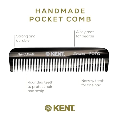 Kent A FOT Handmade Pocket Comb for Men, Women and Kids, All Fine Tooth Hair Comb Straightener for Everyday Grooming and Styling Hair, Beard and Mustache, Saw Cut and Hand Polished, Made in England
