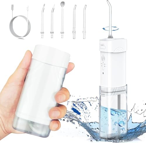 Portable Cordless Water Dental Flosser,Travel Size Collapsible Storage 5 Modes, 200 ML Telescopic Water Teeth Cleaner Pick, IPX 7 Waterproof Rechargeable,5 Jet Tips 360°Rotation (White)