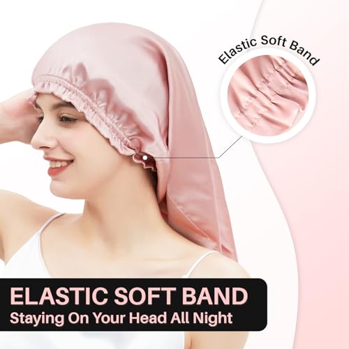 Long Silk Hair Bonnet for Sleeping Women/Men, 100% Real Mulberry Silk Hair Wrap for All Long Hair Types, Night Cap for Hair Care/Hairstyle, Rosy Pink