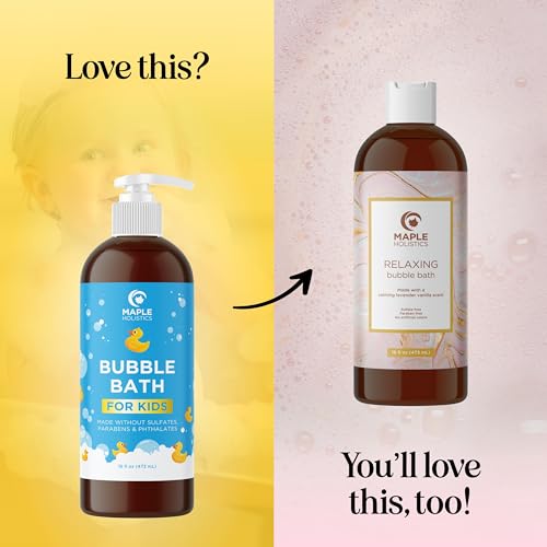 Sulfate Free Kids Bubble Bath - Relaxing Vanilla Lavender Bubble Bath for Toddlers with Nighttime Blend of Chamomile Oil and Calendula Oil - Extra Foamy Moisturizing Kids Bath Soap Liquid