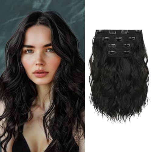 KUIRAN Hair Extensions, Clip in Hair Extensions 12" Short Curly Wavy Black Brown Hair Extensions 4PCS Hair Extensions Invisible Lace Weft Natural Soft Hairpieces for Women - Black Brown