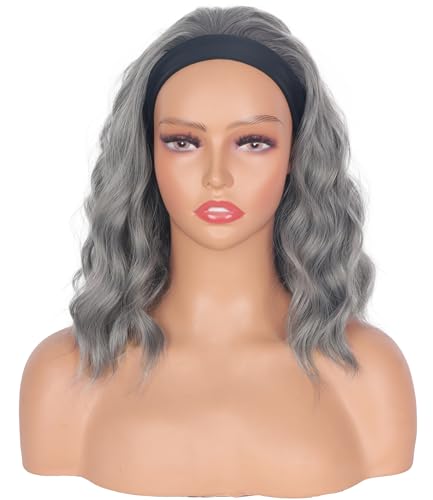 Silver Grey Wavy Headband Wig For Black Women Curly Half Wigs With Headband Attached Synthetic Wrap Wigs For Women(Gray)…