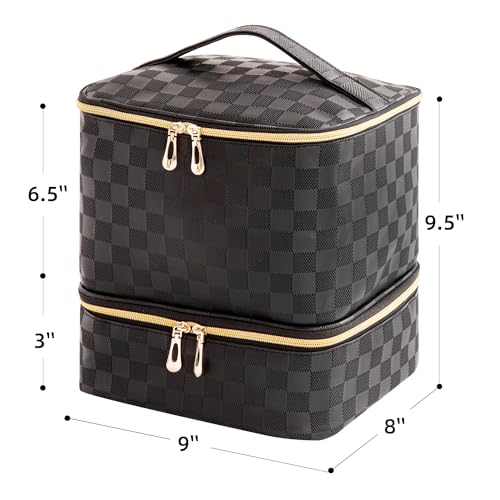 Portable Nail Polish Organizer Bag with UV Light Case - Holds 30 Bottles and 1 UV Nail Lamp, Double-Layers Nail Dryer Case for Gel Nail Polish Kit, Nail Art Decorations（Checkered Black）