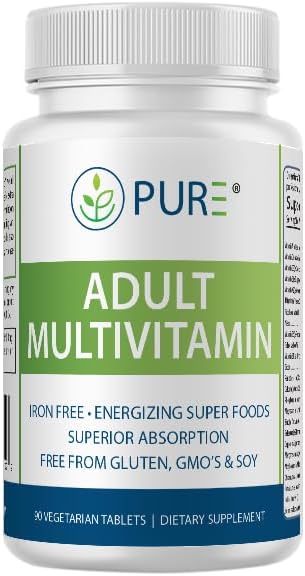 PURE Adult Multivitamin with Vitamins A, C, D3, B12, Minerals, Digestive Enzymes, 90 Capsules, 30 Servings, Energy & Wellness Support