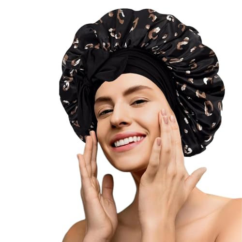 Silk Bonnet Satin Hair Bonnet With Tie Band for Sleeping Large Bonnets Hair Wrap with Adjustable Straps Hair Shower Cap for Women Curly Braid Hair Black Leopard Print