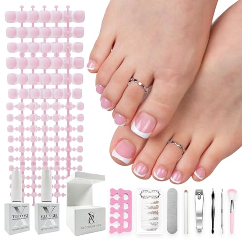 SXC Cosmetics X-Pro Tips French Tip Press On Toenails for Women, Acrylic Soft Gel System (Short French Pink, Short)