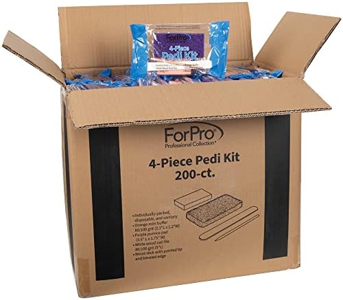 ForPro 4-Piece Pedi Kit, 200-Count, Individually-Packed Pedicure Set, Purple Pumice Pad, White Wood Nail File 80/100 Grit, Orange Mini Buffer 80/100 Grit, Wood Stick