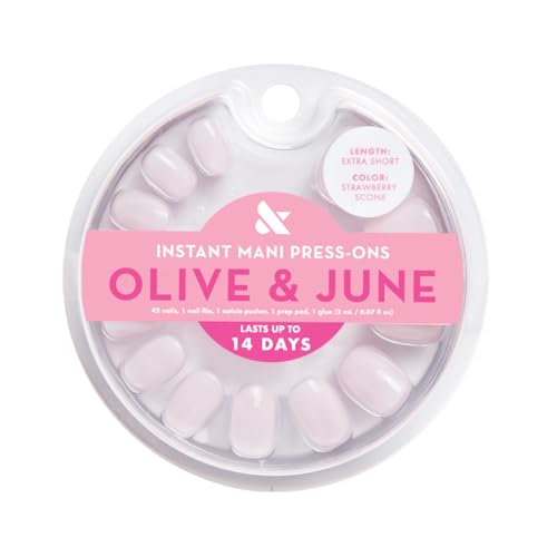 Olive & June Instant Mani Press-On Nails (Glue) Extra Short, Round 42 Fake Nails, 21 Sizes Non-Toxic, Long-Lasting Recycled Materials Realistic Look, Salon-Quality at Home Strawberry Scone