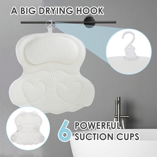 Bath Pillows for Tub Luxury, Bath Pillow for Head and Neck, Fit Bathtub Hot Tub Relaxing Gifts for Women, Comfort 4D Air Mesh Fabric & 6 Non-Slip Suction Cups (White)