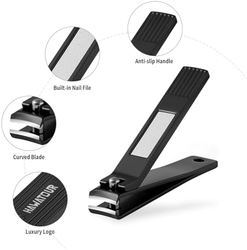 Nail Clippers Set, Ultra Sharp Curved Blade Fingernail and Toenail Clipper Cutters with Visibly Tin Case, Squares and Stripes, Black