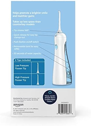 Amazon Basics HydroClean Cordless Water Flosser, 1 Water Flosser Handle, 2 Flosser Tips, 2 AA batteries included