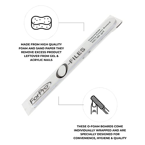 ForPro Professional Collection O-Files Foam Board, Double-Sided Manicure Nail File, 100/180 Grit, Individually-Wrapped, 6" L x .75" W, White, 100-Count