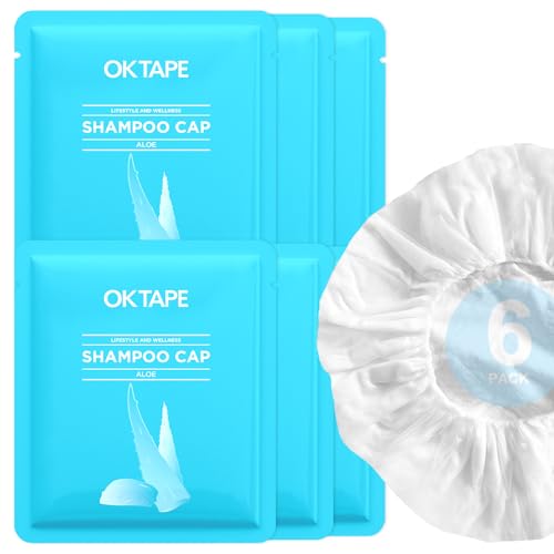 OK TAPE No Water Shampoo Cap (6 Packs), Microwaveable Rinse Free for Bedridden Patients or Elderly, Waterless Shampoo and Condition Hair, Aloe Vera Fragrance